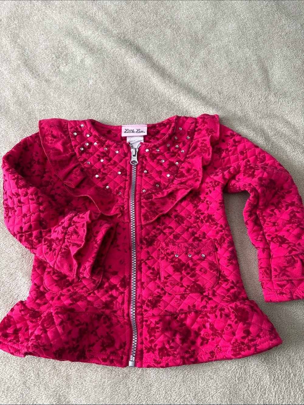 Little Lass Quilted Ruffle Zip Jacket in Hot Pink